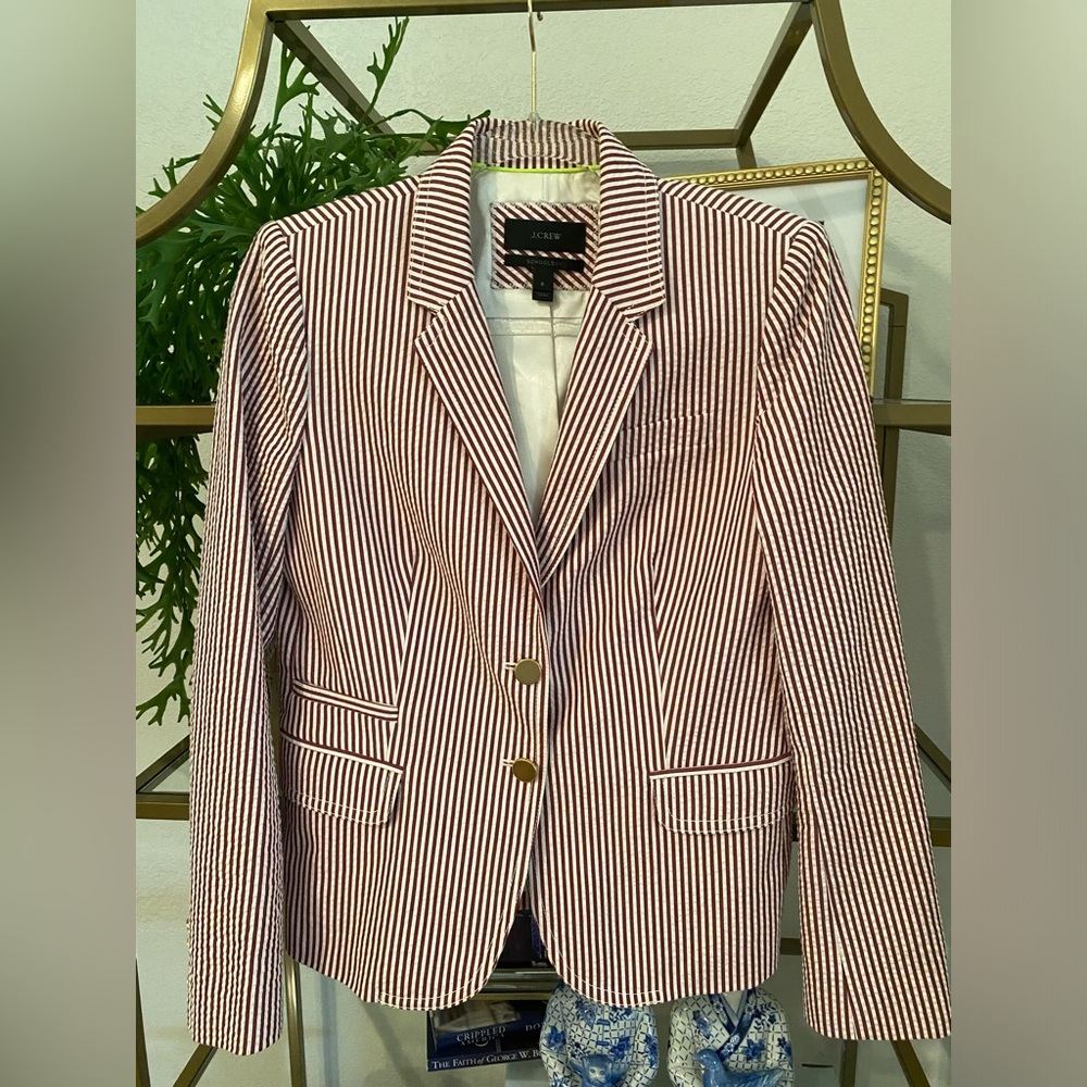 J.Crew red stripe seersucker schoolboy style blazer sz 8 like new preowned